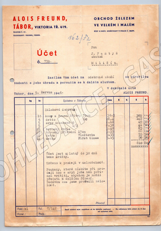 Stary Alois Freund Tábor - faktura za železo 1944 (F147)