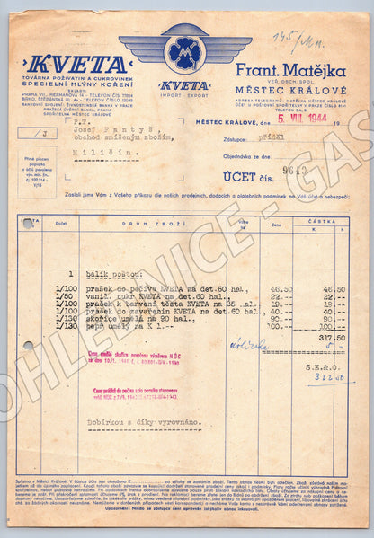 Stary ucet KVETA Tovarna na potraviny MESTEC KRALOVE 1944 (F148)