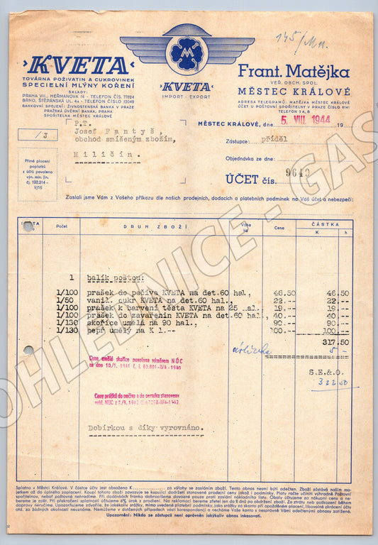 Stary ucet KVETA Tovarna na potraviny MESTEC KRALOVE 1944 (F148)