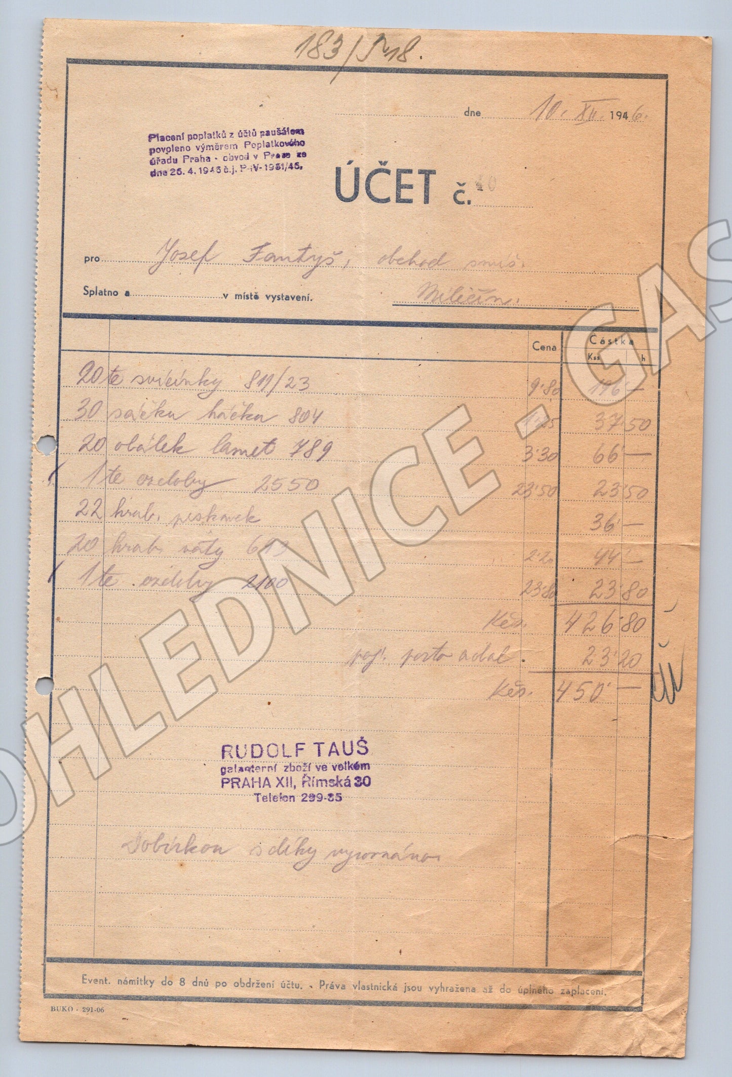 Stary ucet Rudolf Taus galanterní zboží Praha II 1948 (F150)