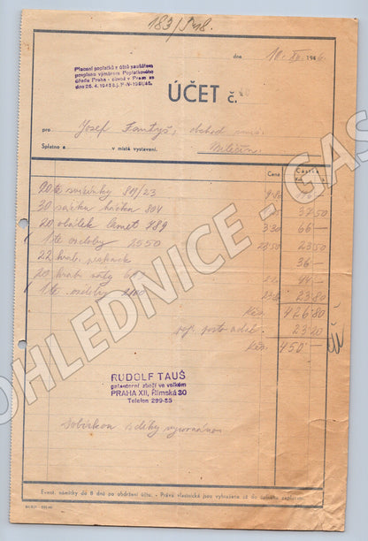 Stary ucet Rudolf Taus galanterní zboží Praha II 1948 (F150)