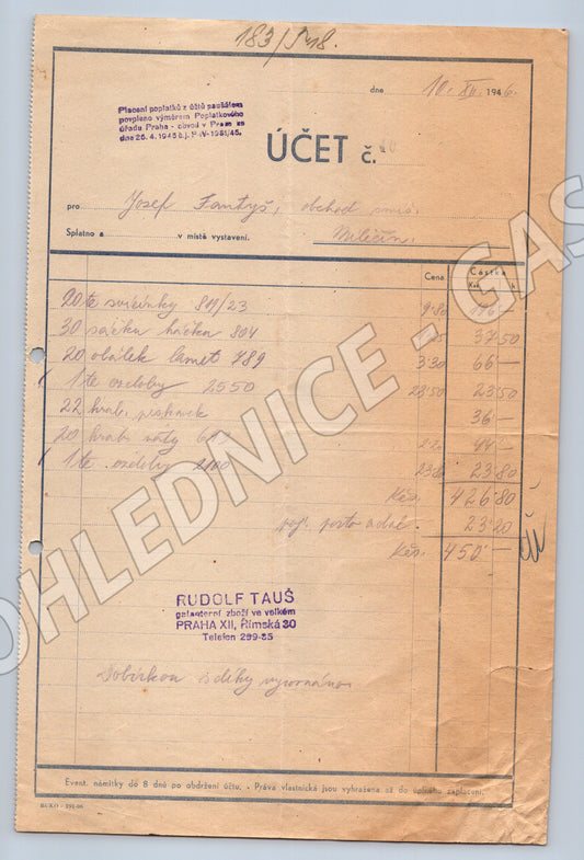Stary ucet Rudolf Taus galanterní zboží Praha II 1948 (F150)