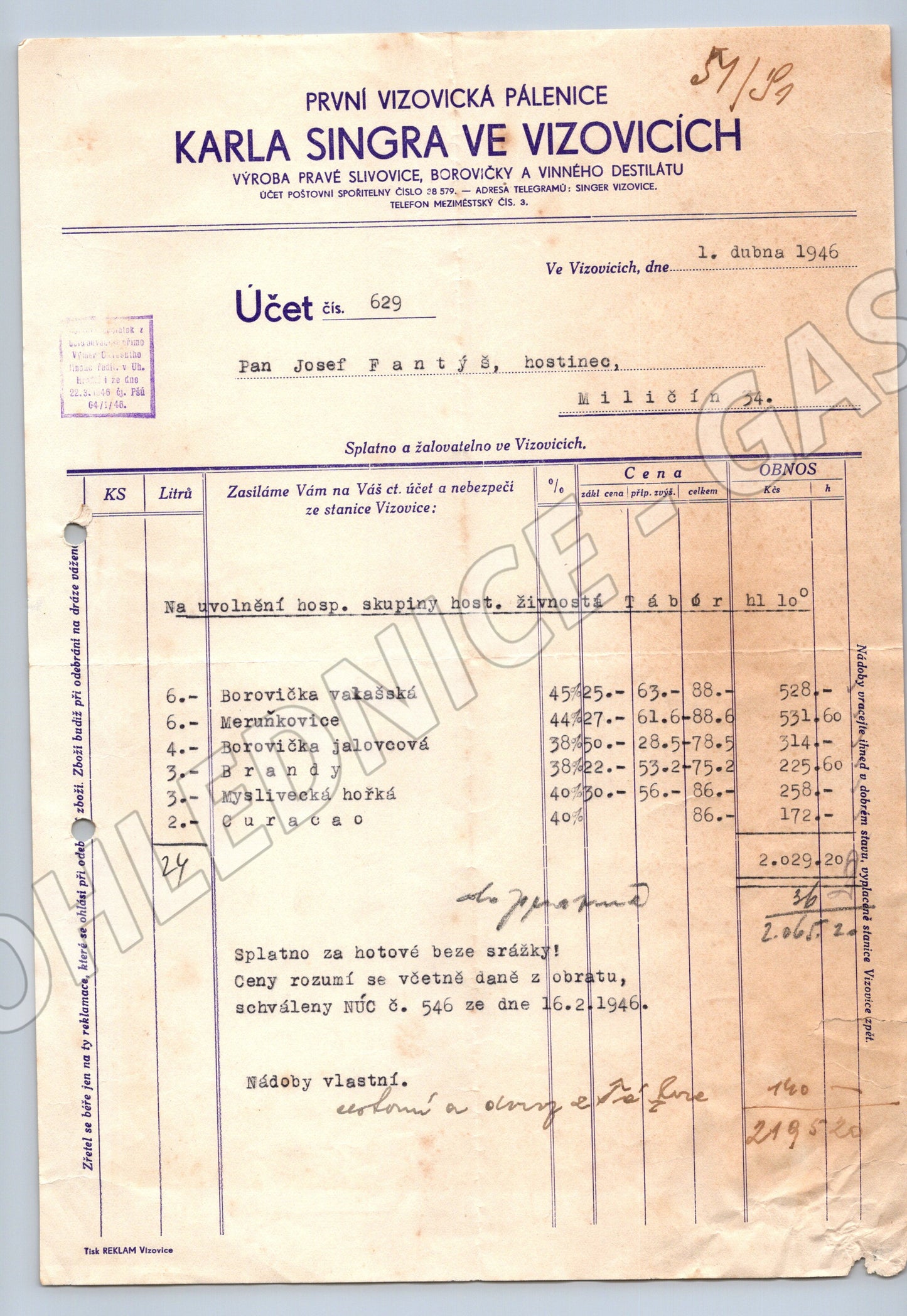 Stary Účet PRVNÍ VIZOVICKÁ PÁLENICE Karel Singr Vizovice 1946 (F151)