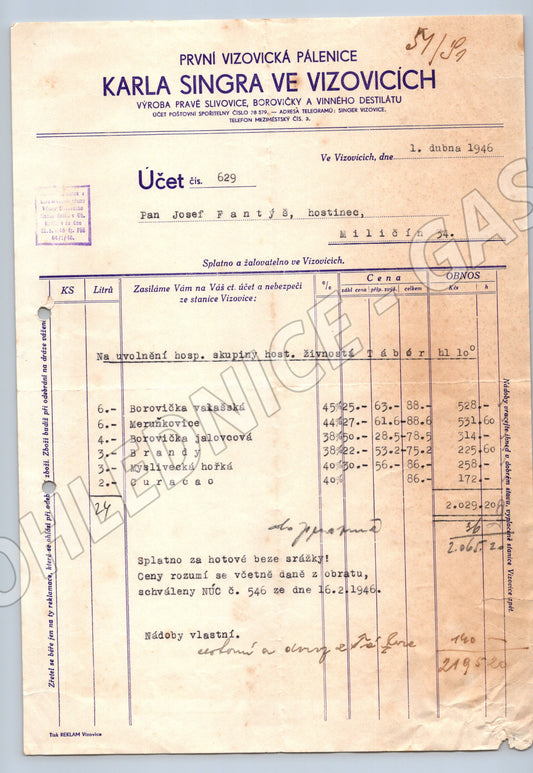 Stary Účet PRVNÍ VIZOVICKÁ PÁLENICE Karel Singr Vizovice 1946 (F151)