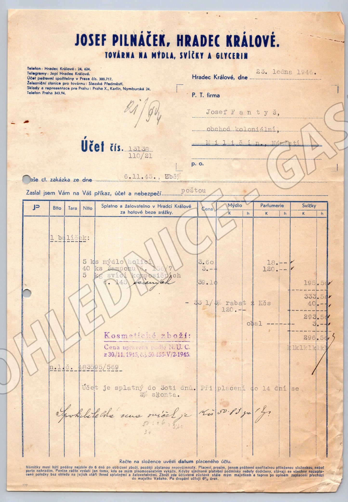 Stary účet Josef Pilnáček Hradec Králové 1946 (F152)
