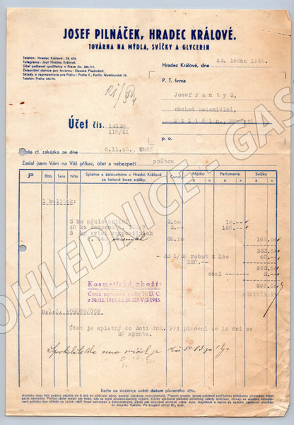 Stary účet Josef Pilnáček Hradec Králové 1946 (F152)