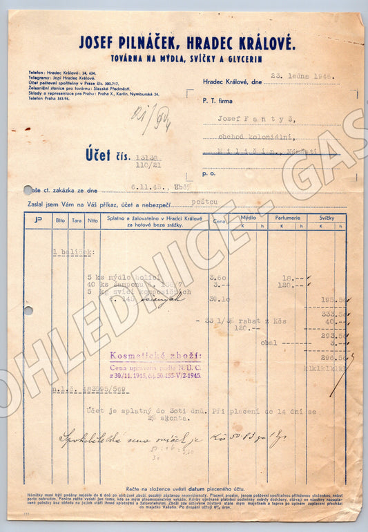 Stary účet Josef Pilnáček Hradec Králové 1946 (F152)