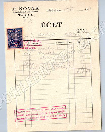 Stary Účet J. Novák Velkoobchod Tábor 1938 s kolkem (F153)