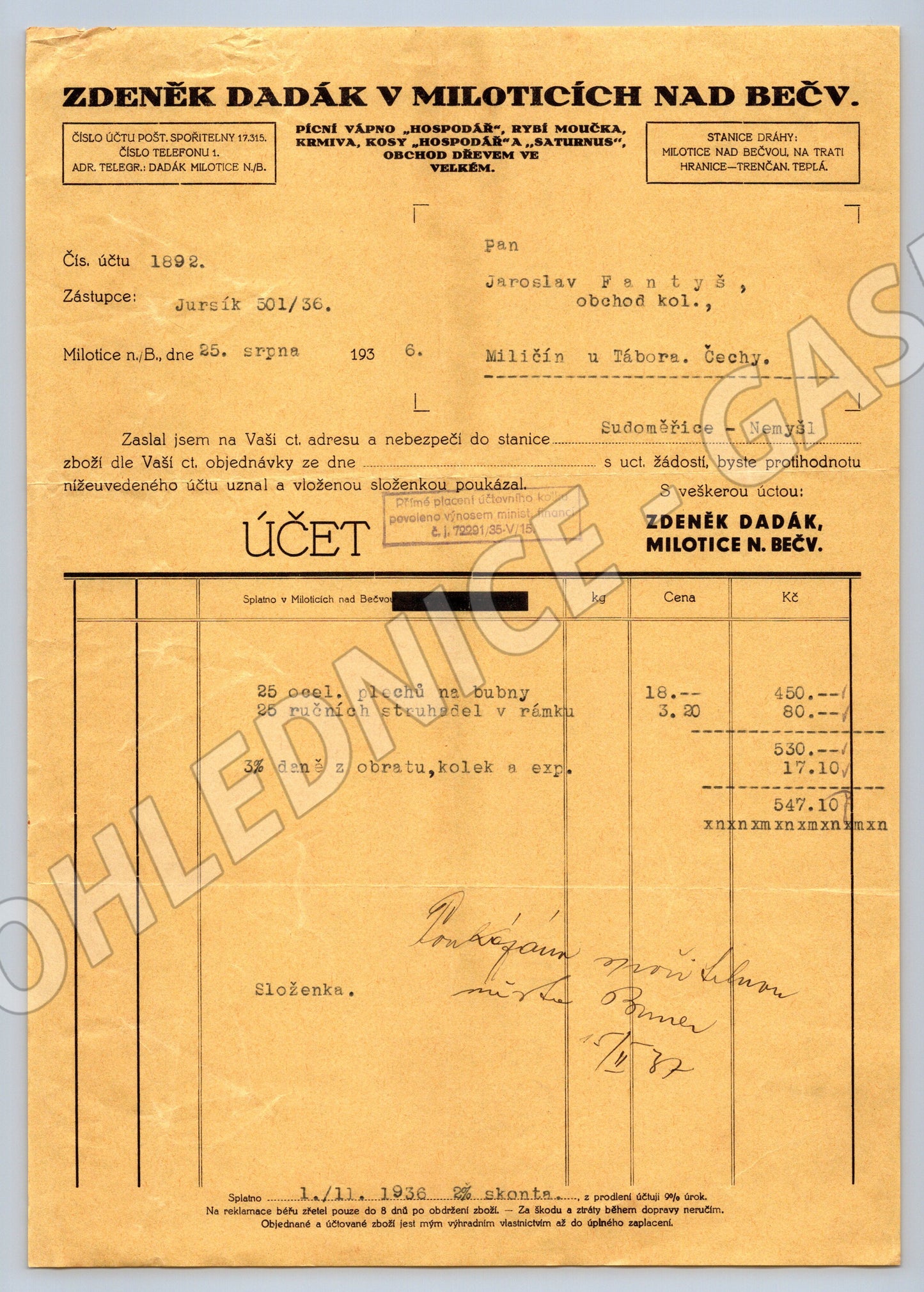 Stary účet Zdeněk Dadák Milotice n/B. 1936 razítko (F154)