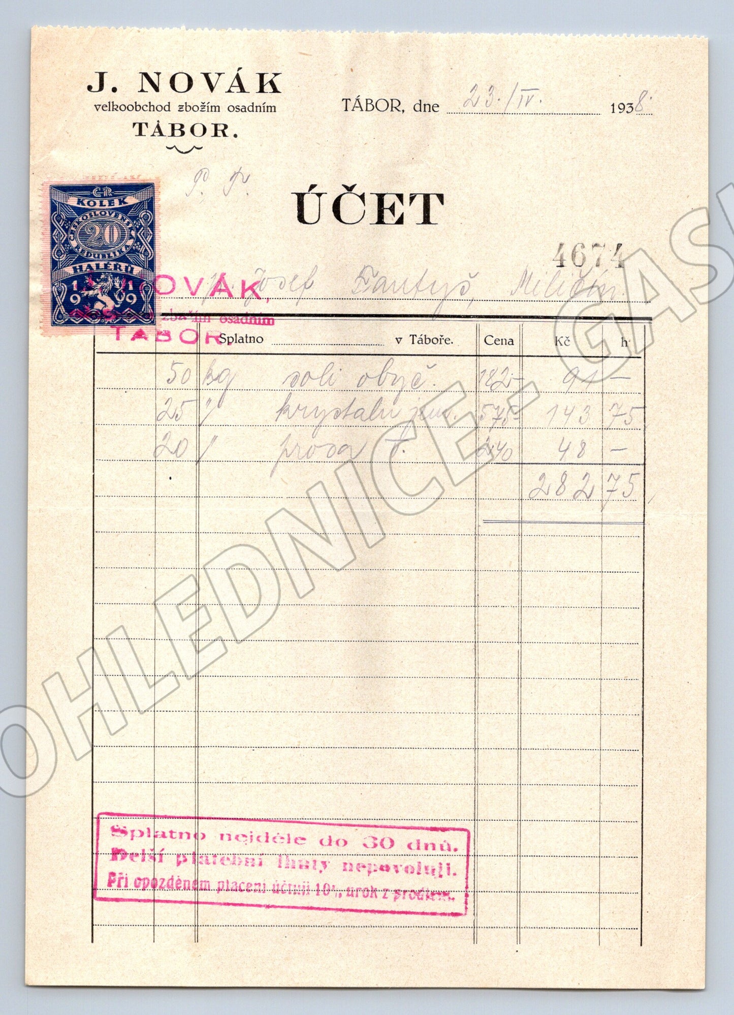 Stary účet J. Novák Tábor 1938 s kolkem (F155)