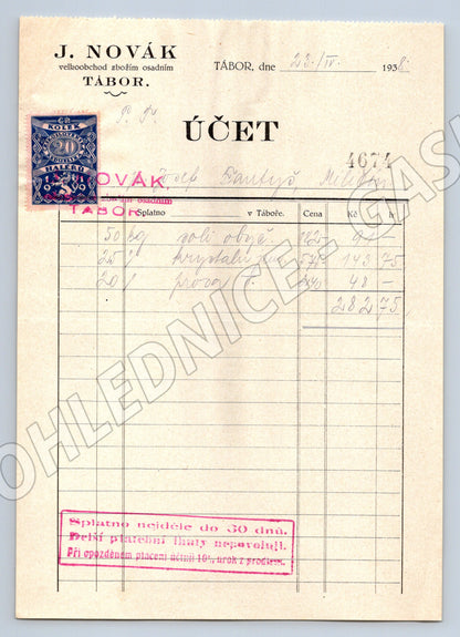Stary účet J. Novák Tábor 1938 s kolkem (F155)