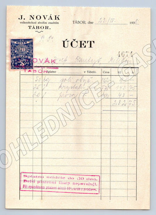 Stary účet J. Novák Tábor 1938 s kolkem (F155)