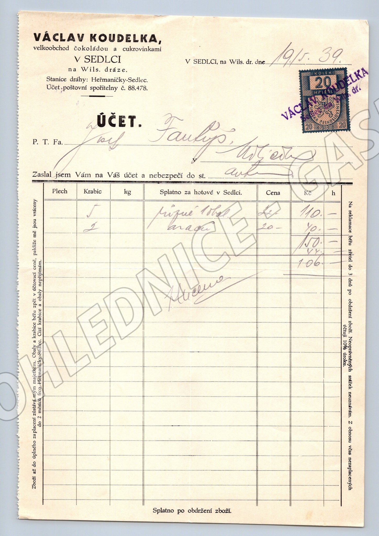 Stary účet Václav Koudelka Sedlec čokoláda cukrovinky 1939 (F156)