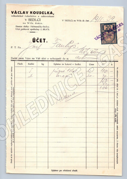 Stary účet Václav Koudelka Sedlec čokoláda cukrovinky 1939 (F156)