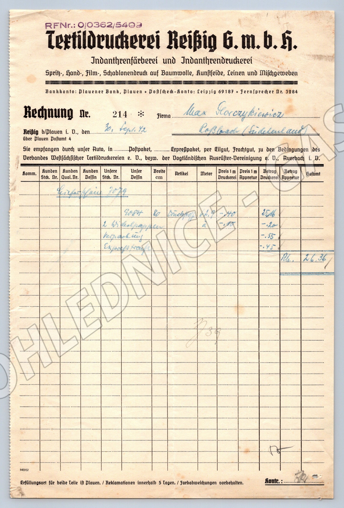 Stary Textildruckerei Reißig G. m. b. H. Plauen Rechnung 1932 (F157)