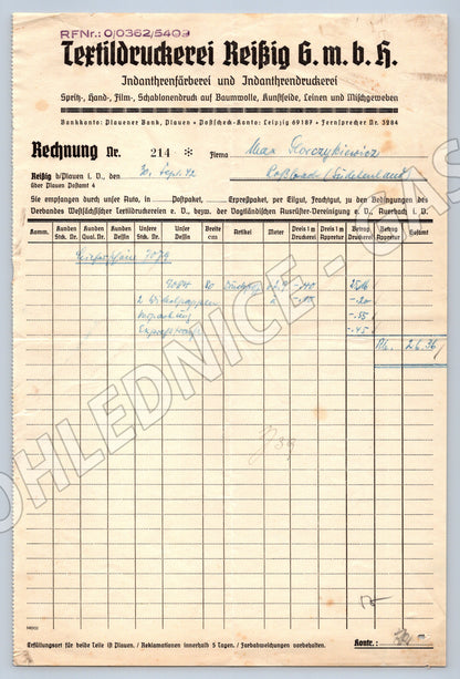 Stary Textildruckerei Reißig G. m. b. H. Plauen Rechnung 1932 (F157)