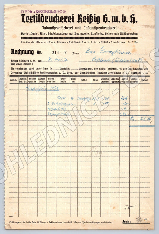 Stary Textildruckerei Reißig G. m. b. H. Plauen Rechnung 1932 (F157)