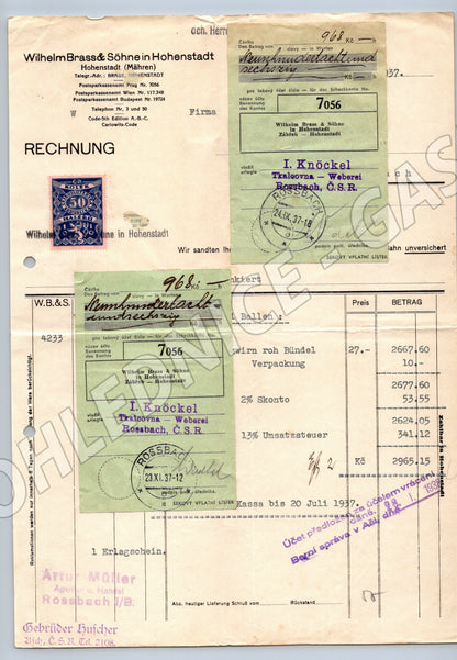 Stary dokument faktura Wilhelm Brass & Söhne Hohenstadt 1937 (F158)