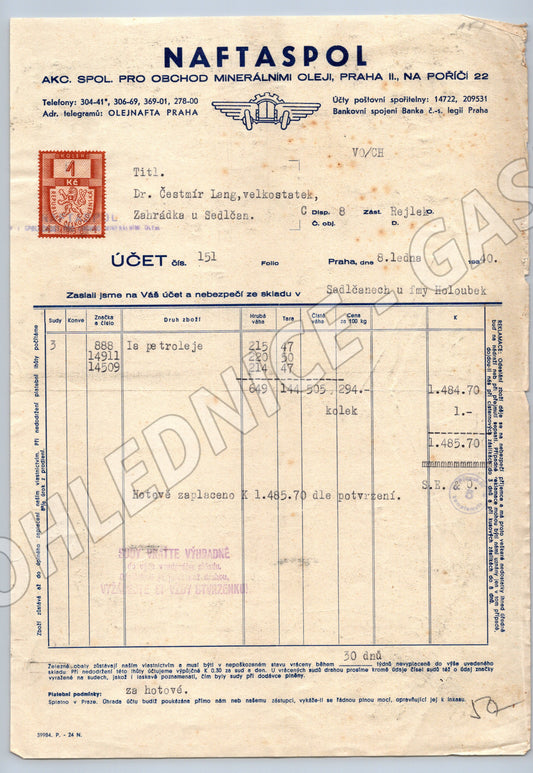Stary ucet NAFTASPOL Praha 1940 s kolkem a razitky (F159)