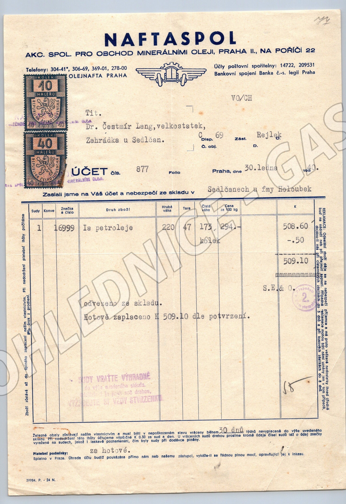 Stary ucet NAFTASPOL Praha petrolej 194_ Sedlcany (F160)
