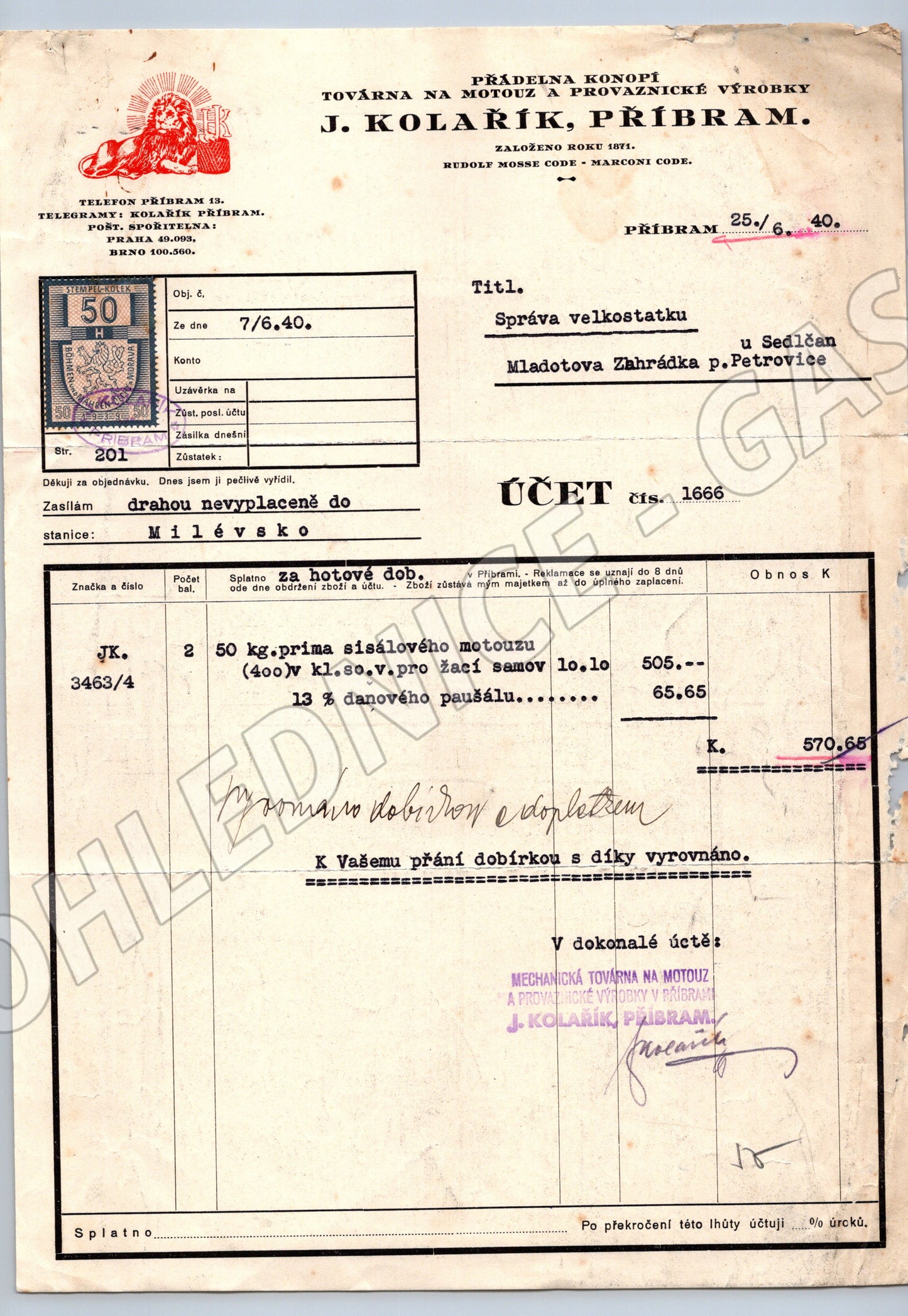 Stary ucet J. Kolarik Pribram 1940 Protektorat znamka (F161)