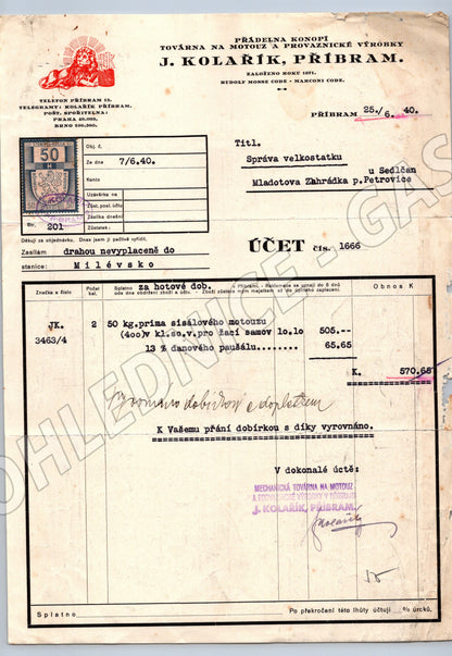 Stary ucet J. Kolarik Pribram 1940 Protektorat znamka (F161)