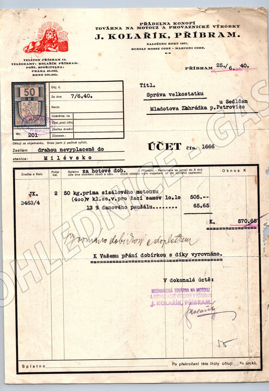 Stary ucet J. Kolarik Pribram 1940 Protektorat znamka (F161)