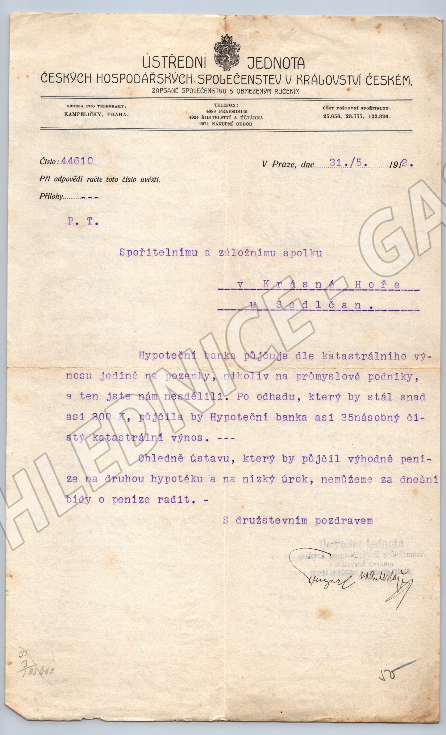 Stary dopis Ústřední jednota hosp. společenstev Praha 1912 (F162)