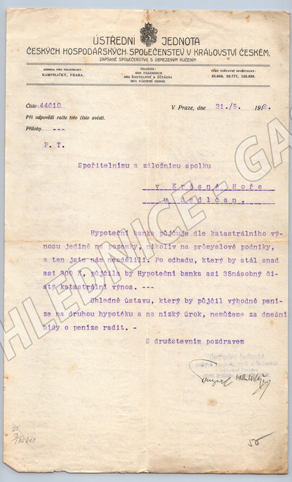 Stary dopis Ústřední jednota hosp. společenstev Praha 1912 (F162)