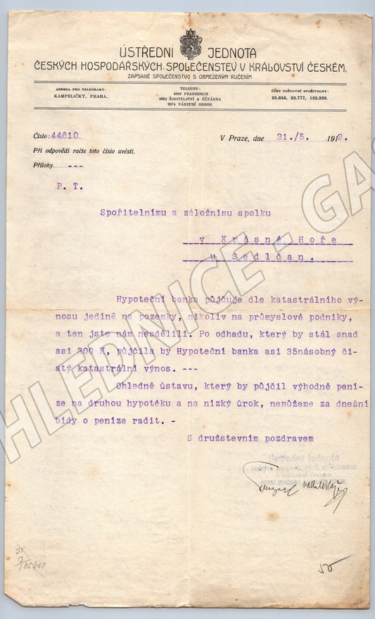 Stary dopis Ústřední jednota hosp. společenstev Praha 1912 (F162)
