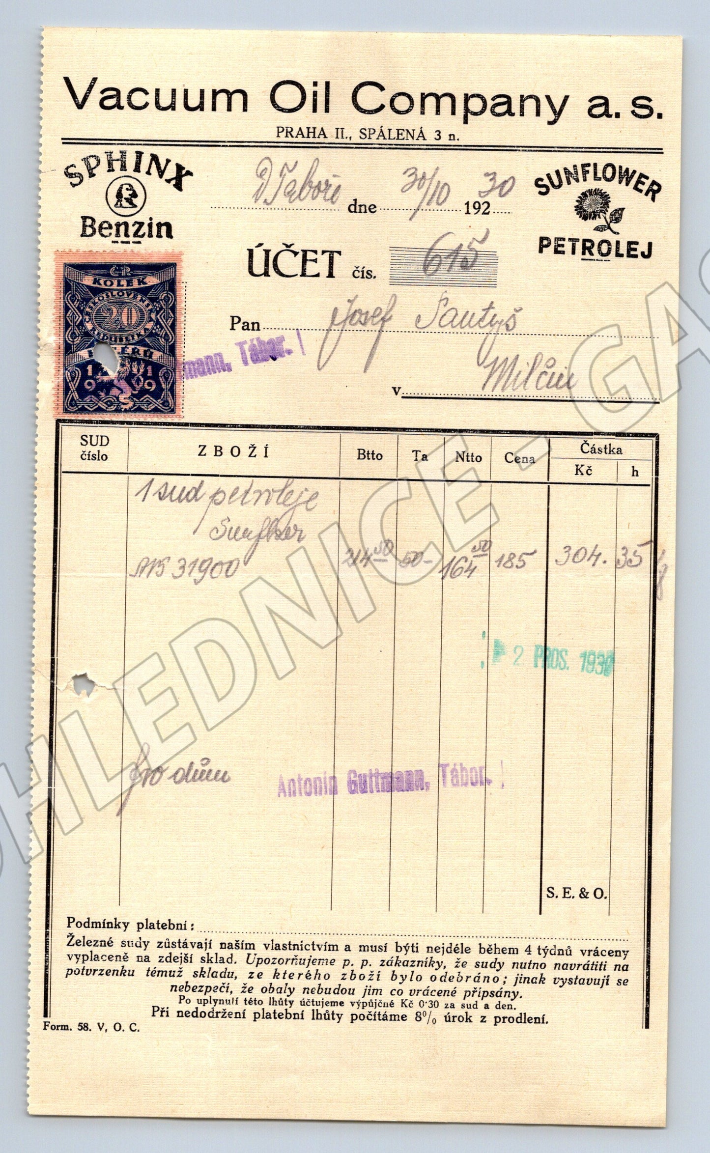 Stary Účet Vacuum Oil Company a.s. Praha 1930 kolek (F164)