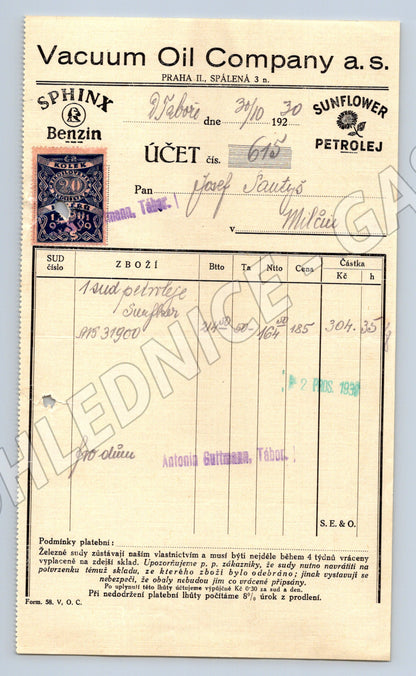 Stary Účet Vacuum Oil Company a.s. Praha 1930 kolek (F164)