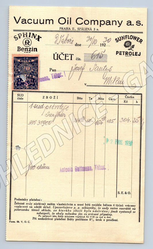 Stary Účet Vacuum Oil Company a.s. Praha 1930 kolek (F164)