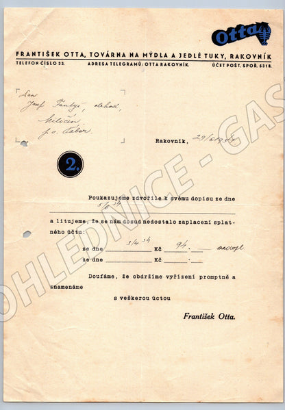 Stary dopis František Otta Rakovník továrna na mýdla 1934 (F165)