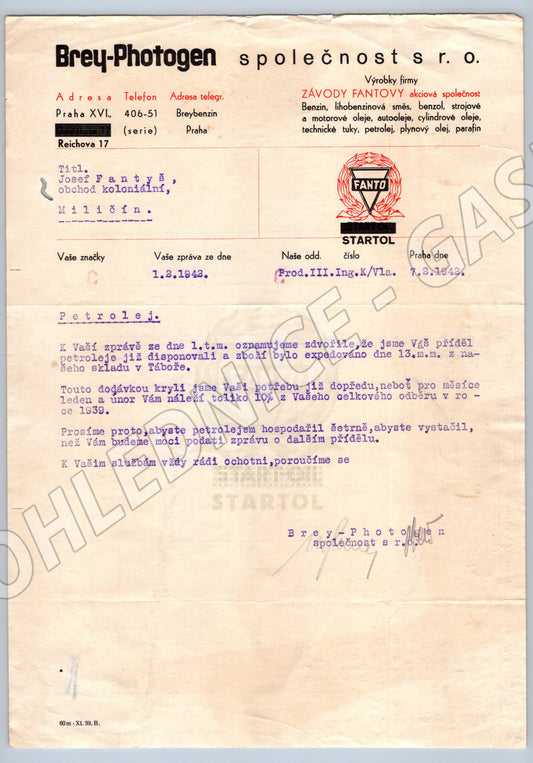 Stary firemni dokument Brey-Photogen FANTOG Praha 1943 (F166)