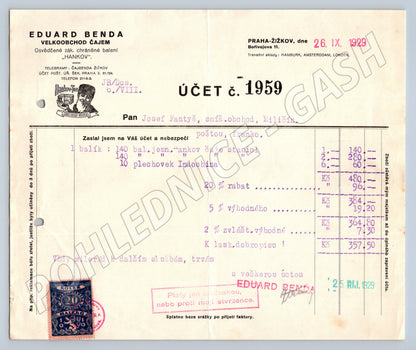 Stary účet Eduard Benda Čajem Praha Žižkov 1929 s kolkem (F168)