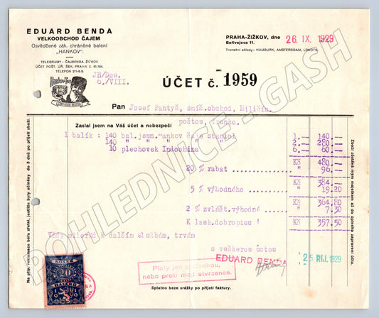 Stary účet Eduard Benda Čajem Praha Žižkov 1929 s kolkem (F168)