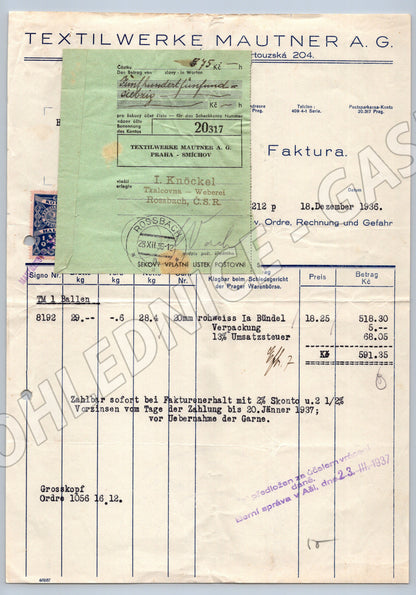 Stary Textilwerke Mautner AG Praha faktura 1936 (F169)