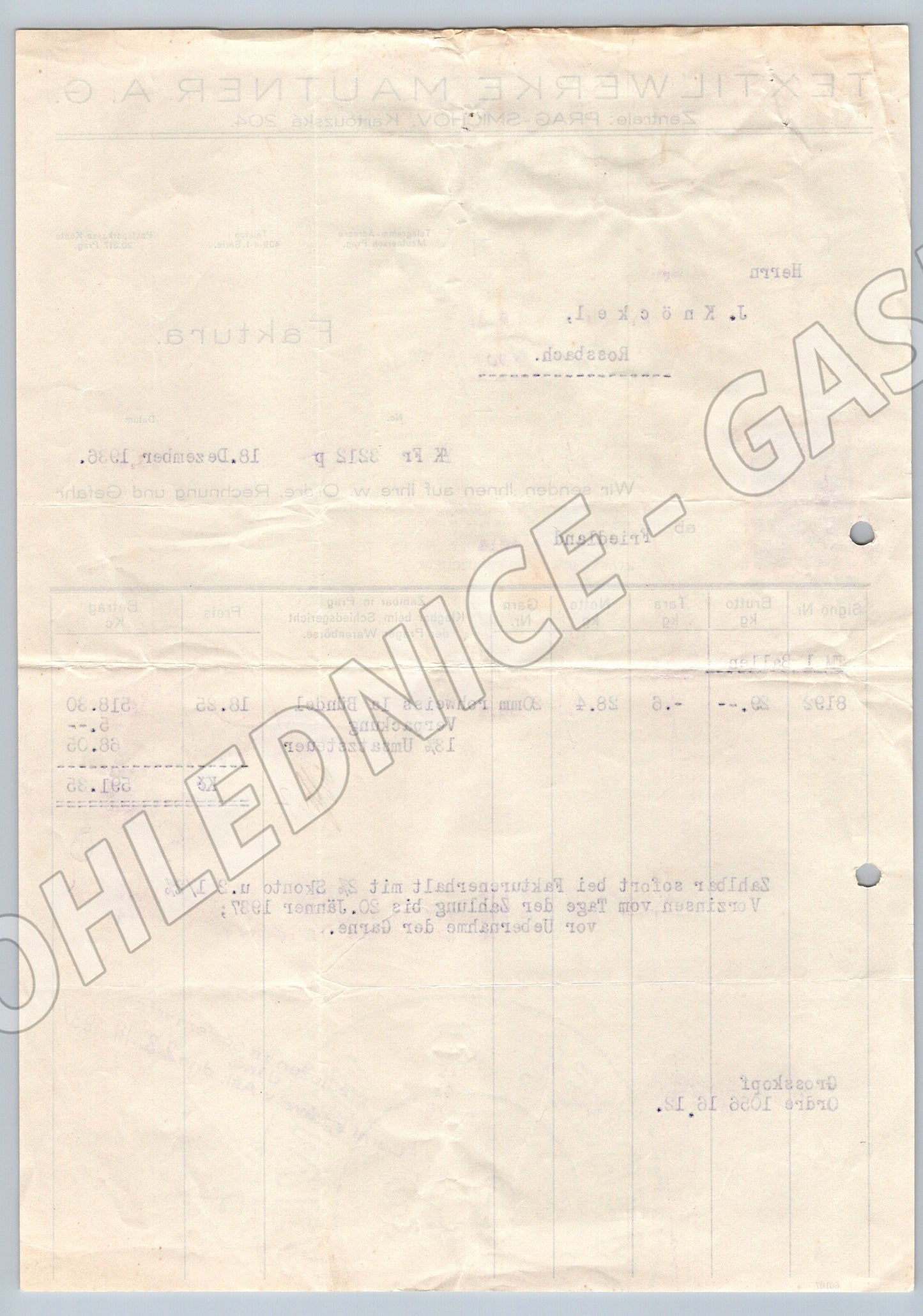 Stary Textilwerke Mautner AG Praha faktura 1936 (F169)