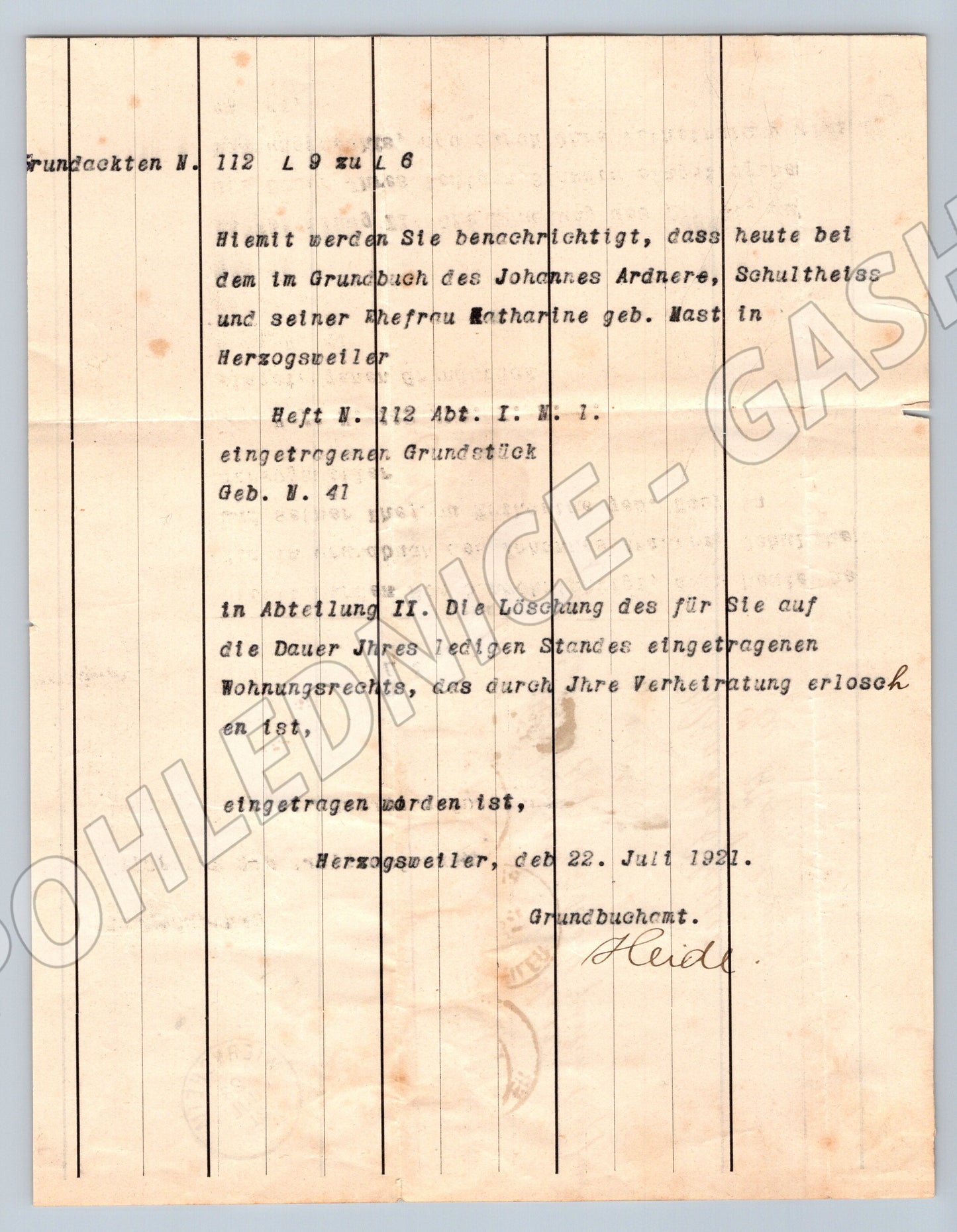 Stary dopis Grundbuchamt Herzogweiler 1931 s kolky (F170)