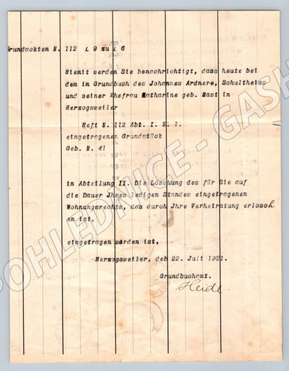 Stary dopis Grundbuchamt Herzogweiler 1931 s kolky (F170)