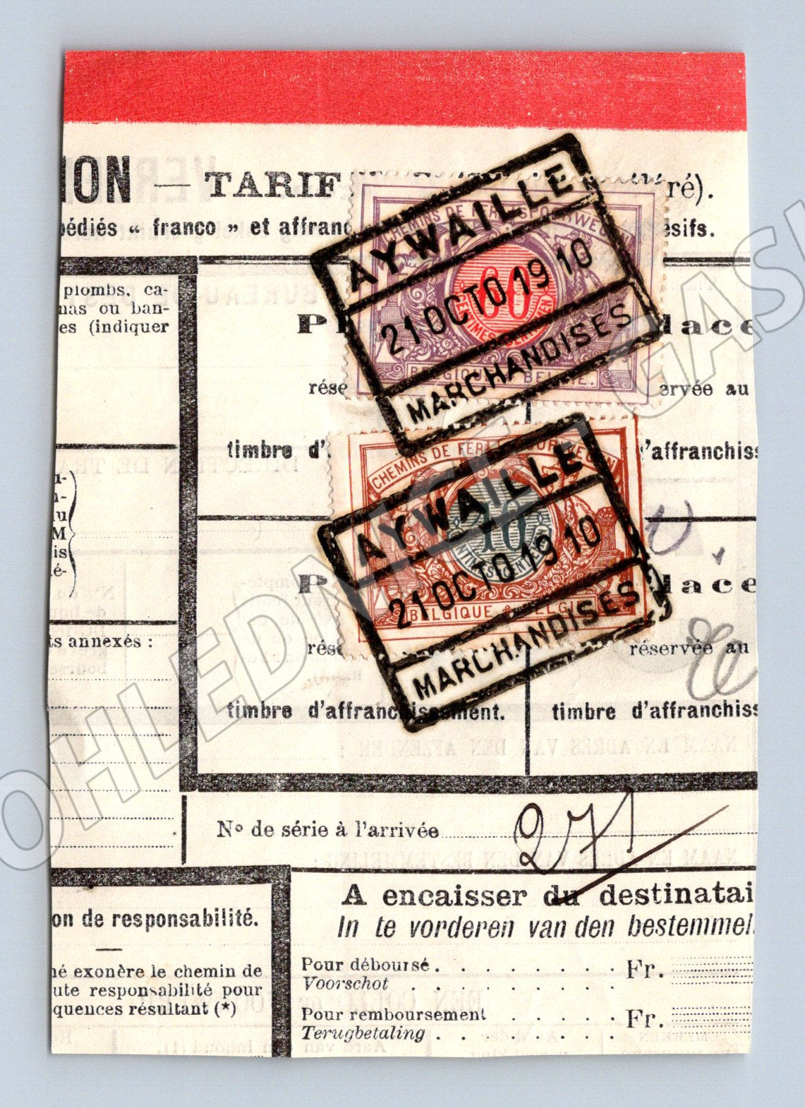 Stary zeleznicni Verzendingsbulletin Belgie 1910 s kolky (F171)