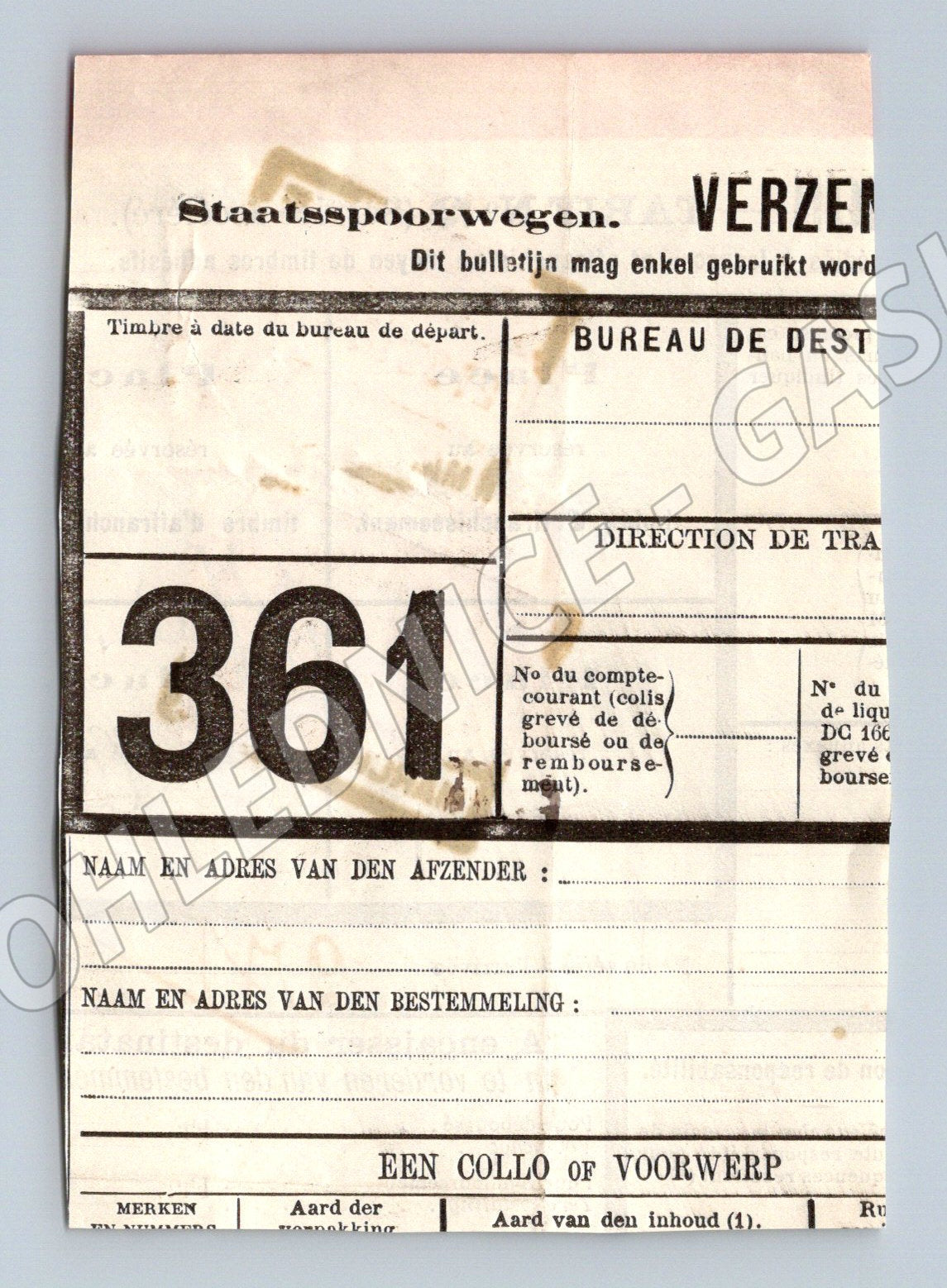 Stary zeleznicni Verzendingsbulletin Belgie 1910 s kolky (F171)