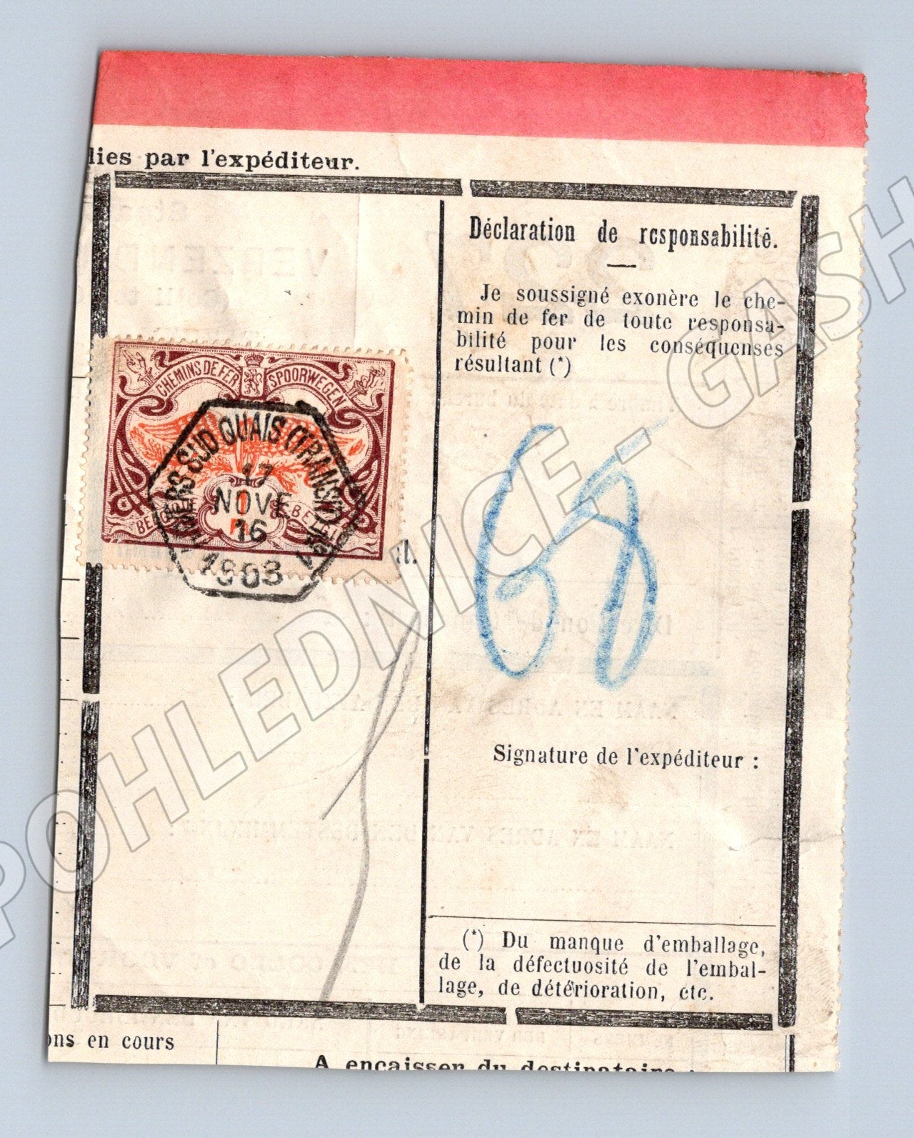 Stary zeleznicni deklarace Gand 1916 kolek razitko (F172)