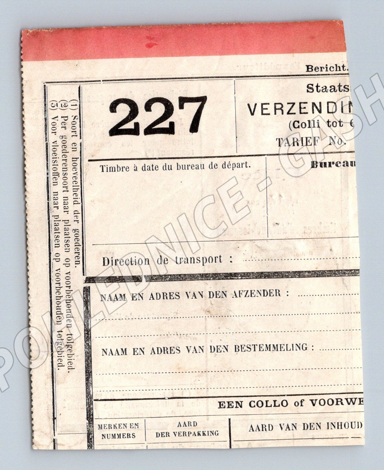 Stary zeleznicni deklarace Gand 1916 kolek razitko (F172)