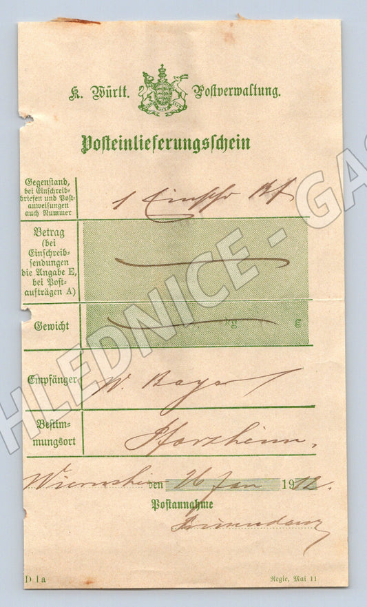 Stary Posteinlieferungsschein W. Heyer Pforzheim 1912 (F173)