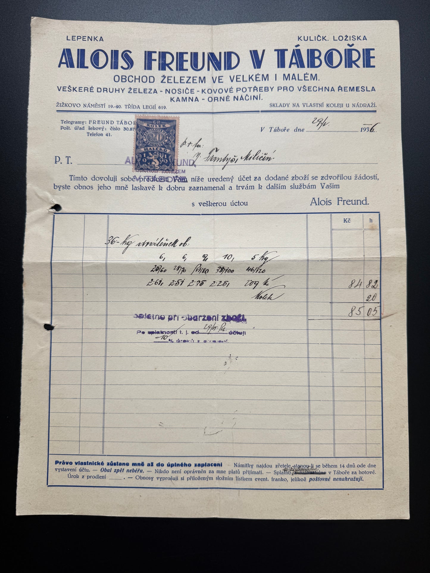 Stary dokument Alois Freund Tábor Železo Nosiče 1926 (F176)