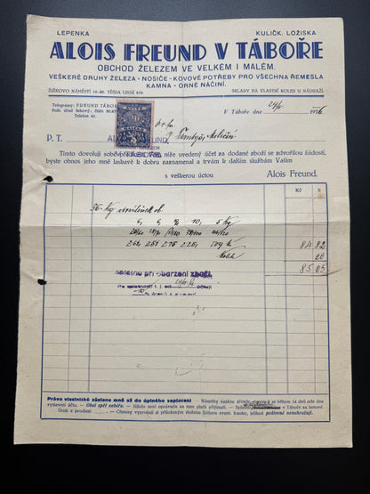 Stary dokument Alois Freund Tábor Železo Nosiče 1926 (F176)
