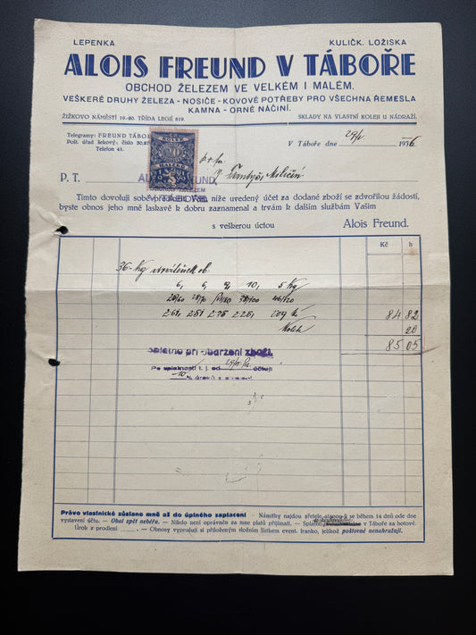 Stary dokument Alois Freund Tábor Železo Nosiče 1926 (F176)