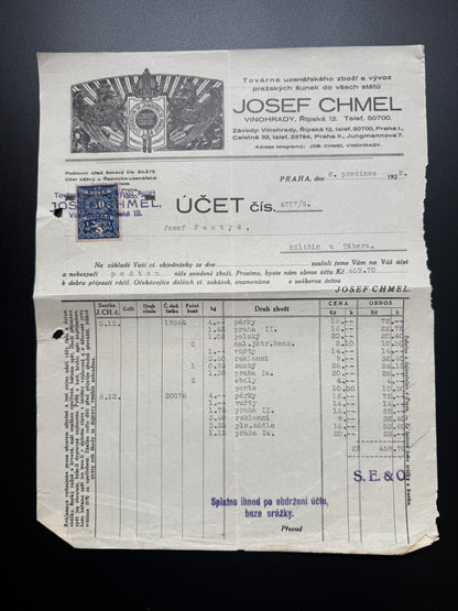 Stary ucet Josef Chmel Praha 1928 s kolkem a razitky (F180)